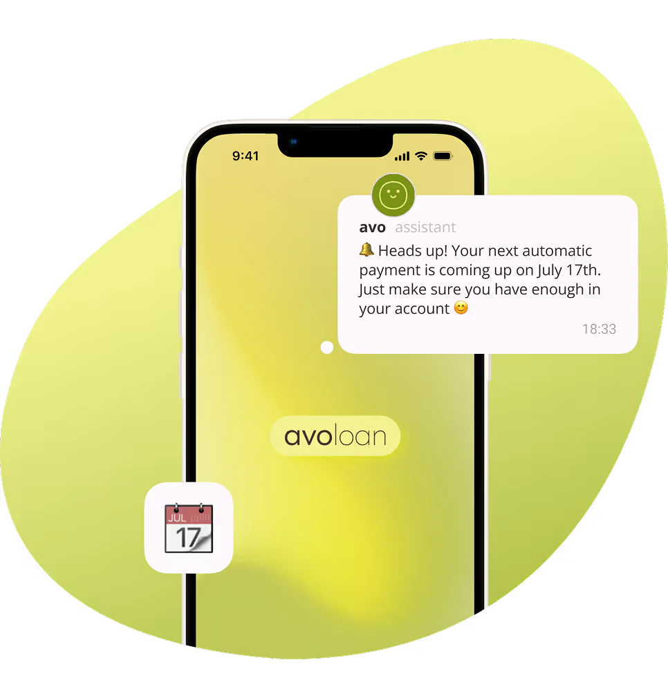 Avoloan’s app with an upcoming-payment reminder